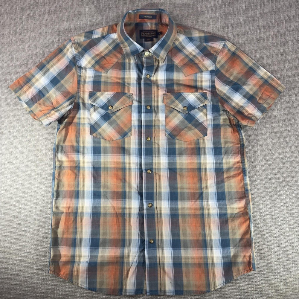Pendleton Shirt Mens Medium Blue Plaid Western Short Sleeve Button Up Frontier